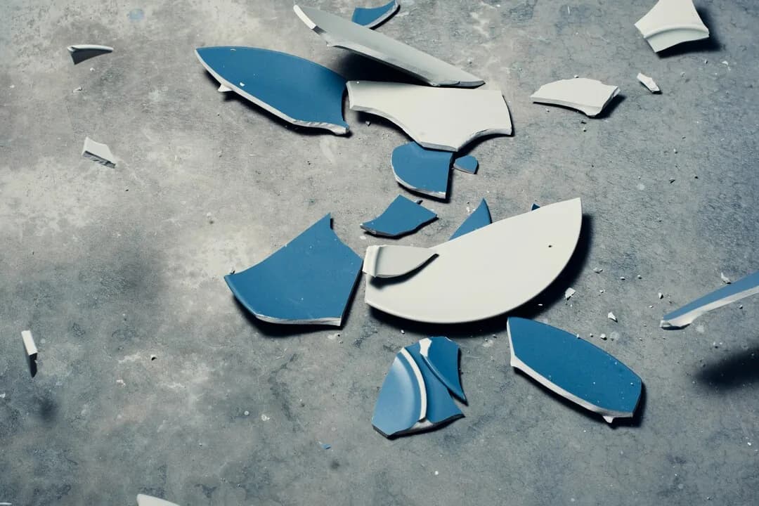 Pieces of a broken blue-and-white plate on the ground.