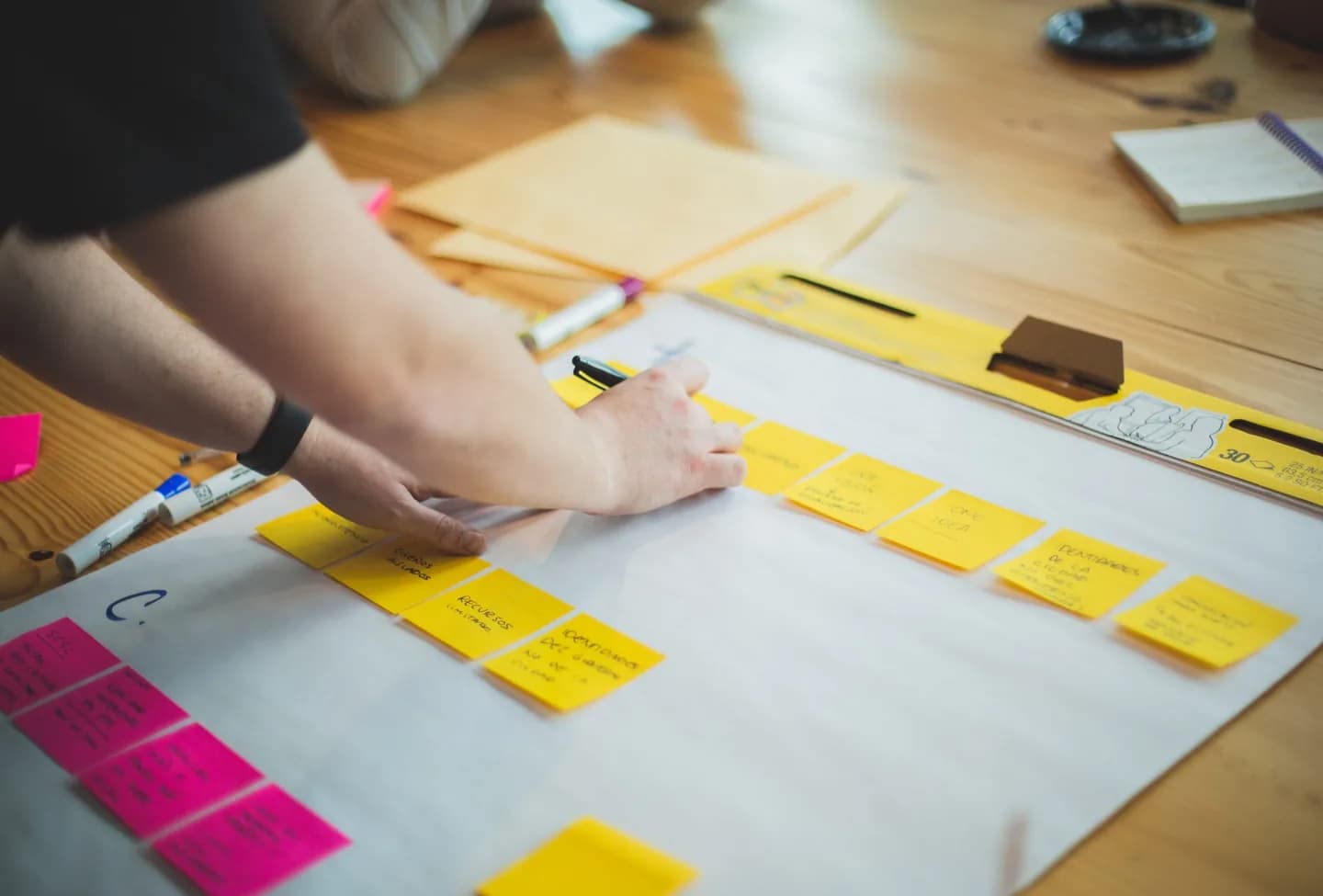 Hands arranging sticky notes on a planning board.