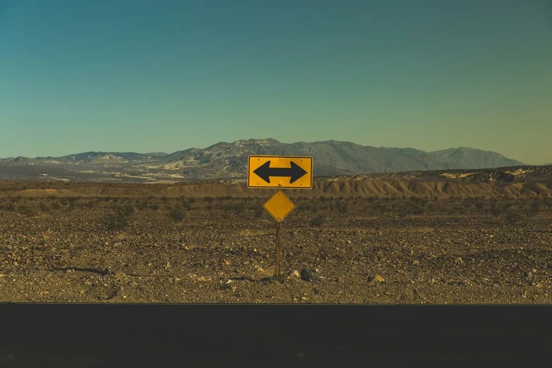 A two-way arrow sign in an open landscape.