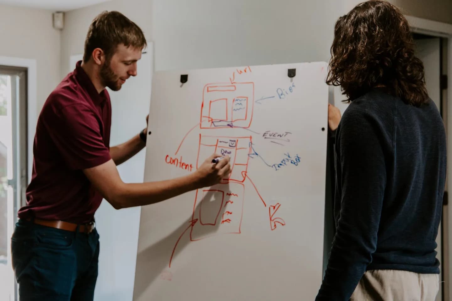 Two people discussing a diagram on a whiteboard.