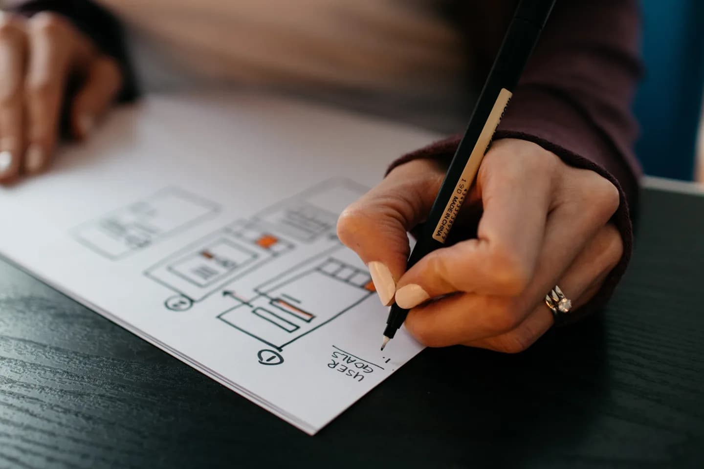 A hand sketching connected interface screens on paper.